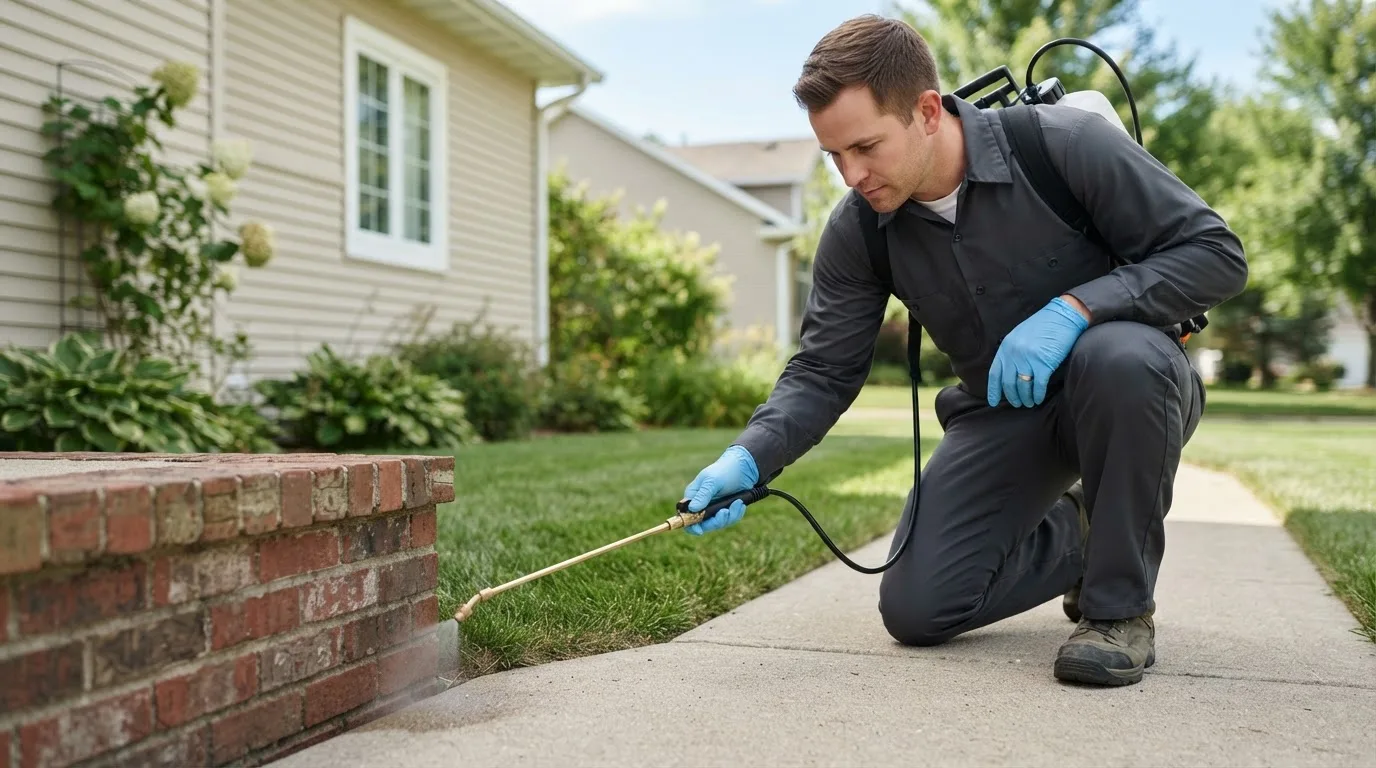 Pest control technician treating a home near Keezletown, VA