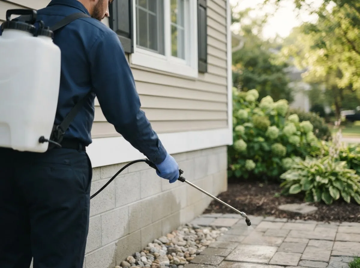 Pest control technician inspecting a home in Keezletown, VA